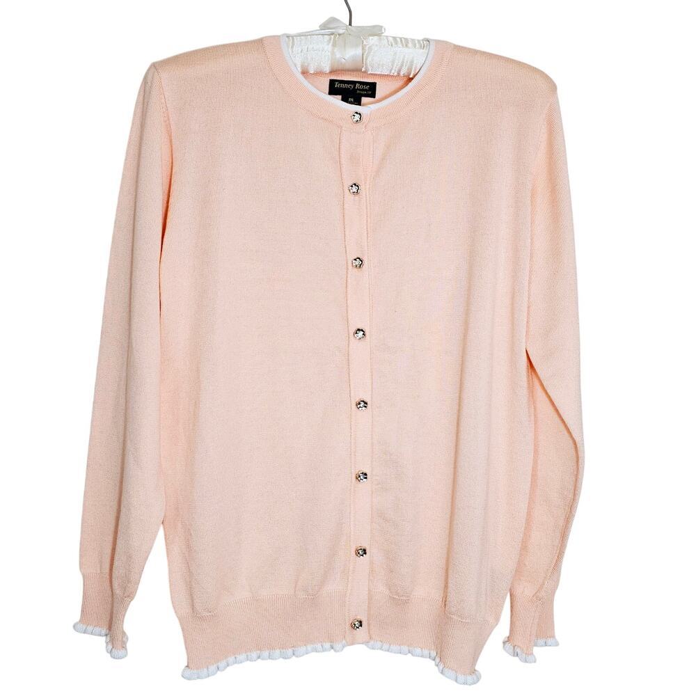 Tenney Rose New Pink‎ White Cardigan Easter Spring Sweet Jeweled Buttons Medium